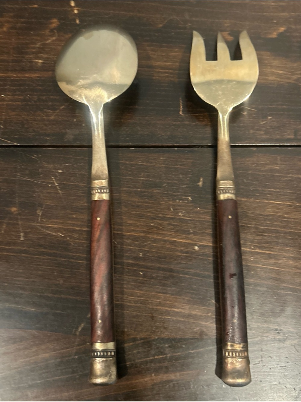 Pottery Barn Wood-Handled Serving Spoon and Fork - Brown and Silver